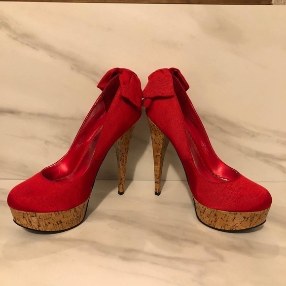 Bebe Stiletto High Heels Kahilia Ruby Red Size 8 Platform Cork Bow Formal - Picture 15 of 16